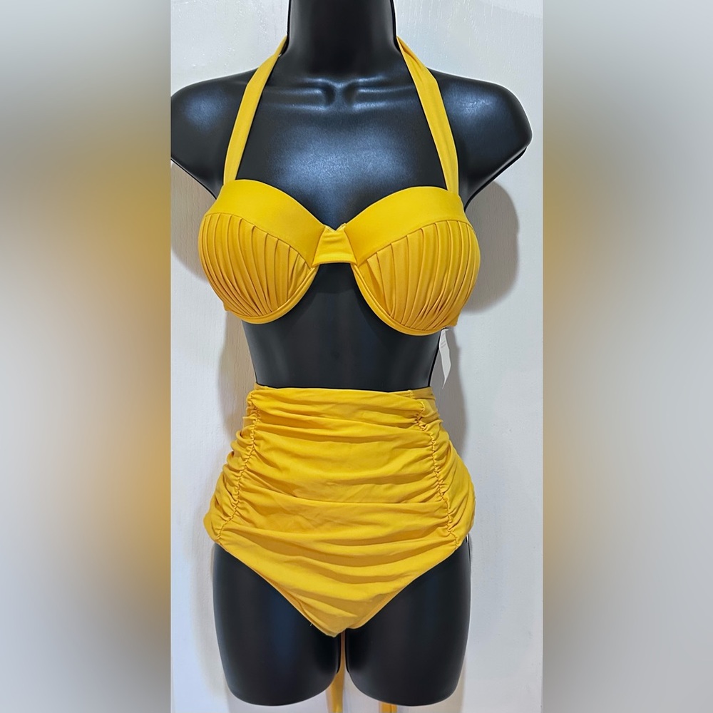 NWT Miss Circle Yellow Halter High-Waisted Bikini set size XL.